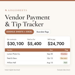 Wedding Vendor Payment Tracker Spreadsheet, Deposit and Due Date Tracker, Wedding Tip Calculator, Google Sheets & Excel Template