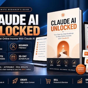 Op de afbeelding: Een boek getiteld Claude AI Unlocked met een stapsgewijze handleiding, vergezeld door een laptop met leermodules, een actieplan van 30 dagen en tekstvakken over productbeschrijvingen, Etsy-vermeldingen en digitale productideeën.
