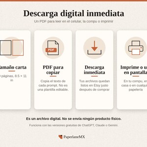 May include: An infographic titled Descarga digital inmediata featuring four icons representing a letter size PDF, copyable text, immediate download, and print or screen use. It notes 29 pages, 8.5 x 11 in, and that it is a digital file.
