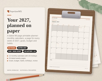 Printbare planner voor 2027 | 88 pagina's tellende planner met maandkalenders, weekoverzichten, doelen en budget | Begint op zondag en maandag | Letter- en A4-formaat