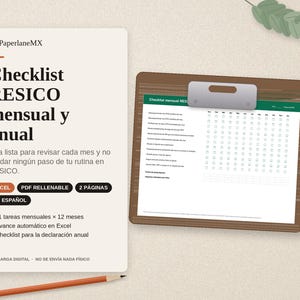 Può includere: Una lista di controllo digitale per la conformità fiscale RESICO con un elenco di attività mensili e annuali. Il documento include formati Excel e PDF, 11 attività mensili su 12 mesi e un tracker per la dichiarazione annuale, su una cartellina marrone.