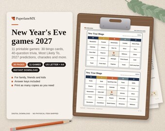 Printbare spelletjes voor oudejaarsavond 2027 | 11 feestspelletjes voor oudejaarsavond: Bingo, quiz, 'Wie is wie?', voorspellingen | Familie & kinderen | Direct downloaden