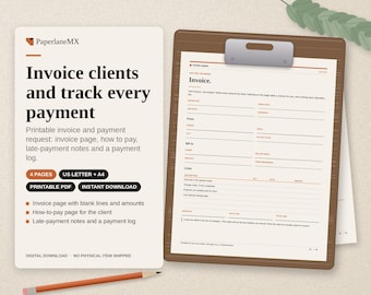 Factuursjabloon om af te drukken | Factuur, betalingsverzoek en betalingsoverzicht voor freelancers | PDF voor kleine bedrijven | Direct downloaden | Letter + A4