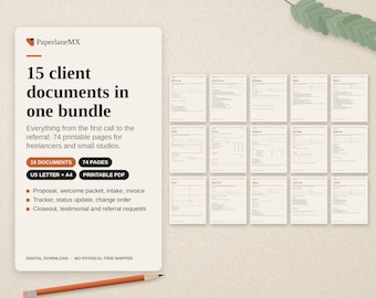 Bundel met freelance klantdocumenten | 15 printbare formulieren: offerte, welkomstpakket, intake, factuur | 74 pagina's | Direct te downloaden als PDF