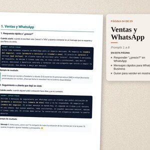 May include: A white document page titled Ventas y WhatsApp featuring instructional text for business communication, alongside a smaller beige card with the text P&Aacute;GINA 04 DE 29, Ventas y WhatsApp, Prompts 1 a 8, and bulleted points.