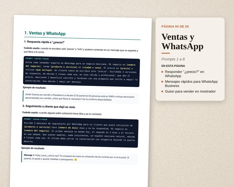 May include: A white document page titled Ventas y WhatsApp featuring instructional text for business communication, alongside a smaller beige card with the text P&Aacute;GINA 04 DE 29, Ventas y WhatsApp, Prompts 1 a 8, and bulleted points.