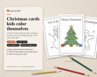 Kerstkleurkaarten voor kinderen om te printen | 12 vouwkaarten + 16 kleurplaten voor cadeaulabels | Kerstknutselwerkje voor in de klas | Direct te downloaden