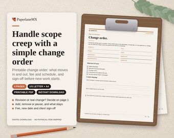 Printbaar wijzigingsformulier | Aanvraag tot wijziging en herziening van projectomvang voor freelancers | PDF van 4 pagina's | Direct te downloaden | Letter-formaat + A4