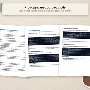 May include: A digital guide titled 7 categor&iacute;as, 50 prompts featuring instructional text in Spanish. The document includes sections on WhatsApp sales, short video scripts, and special promotions, organized with numbered lists and dark text boxes.