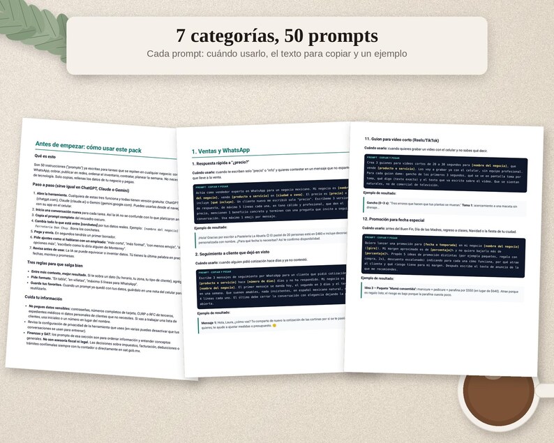 May include: A digital guide titled 7 categor&iacute;as, 50 prompts featuring instructional text in Spanish. The document includes sections on WhatsApp sales, short video scripts, and special promotions, organized with numbered lists and dark text boxes.