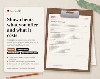 Printbaar servicemenu-sjabloon | Prijslijst en tariefoverzicht voor freelancers en kleine bedrijven | 6 pagina's PDF | Direct downloaden | Letter + A4