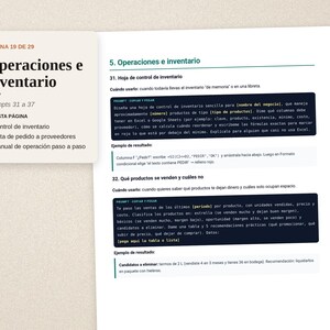 May include: A document page titled Operaciones e inventario, page 19 of 29, featuring prompts 31 to 37. It includes sections on inventory control, supplier order lists, and step-by-step operation manuals with text in Spanish.