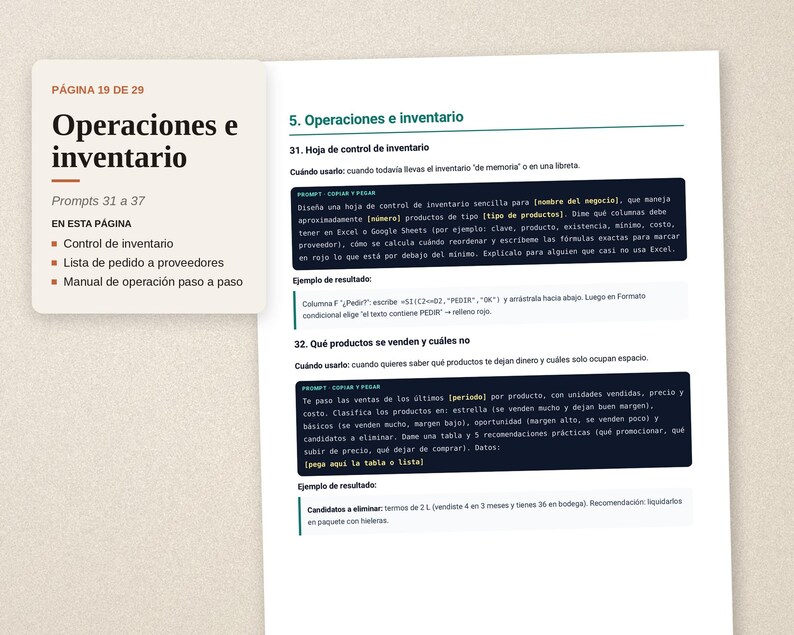 May include: A document page titled Operaciones e inventario, page 19 of 29, featuring prompts 31 to 37. It includes sections on inventory control, supplier order lists, and step-by-step operation manuals with text in Spanish.