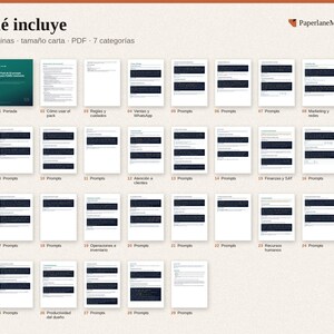 May include: A digital document set titled Que incluye, featuring 29 letter-sized PDF pages organized into 7 categories. The layout displays a cover page and 28 content pages with text blocks and headers, branded by PaperlaneMX.