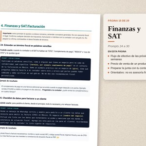 May include: A document page titled 4. Finanzas y SAT/facturaci&oacute;n featuring text about fiscal terms and invoicing checklists in Mexico, accompanied by a sidebar summary box labeled Finanzas y SAT, P&aacute;gina 15 de 29, listing prompts 24 through 30.