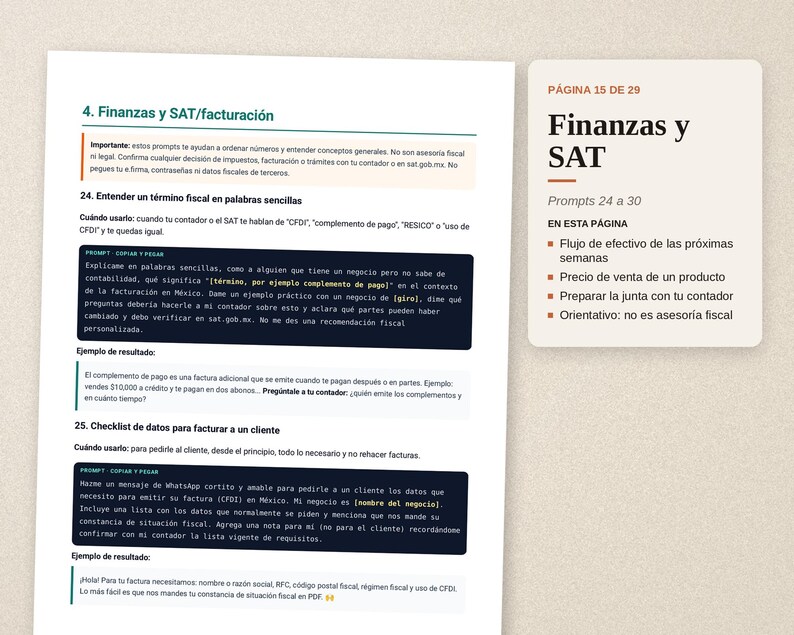May include: A document page titled 4. Finanzas y SAT/facturaci&oacute;n featuring text about fiscal terms and invoicing checklists in Mexico, accompanied by a sidebar summary box labeled Finanzas y SAT, P&aacute;gina 15 de 29, listing prompts 24 through 30.
