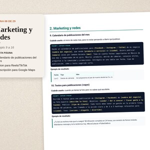 May include: A document page titled Marketing y redes, page 08 de 29, featuring sections on social media calendars and post copy. It includes text prompts for Facebook, Instagram, and TikTok, with examples of tables and post captions in Spanish.