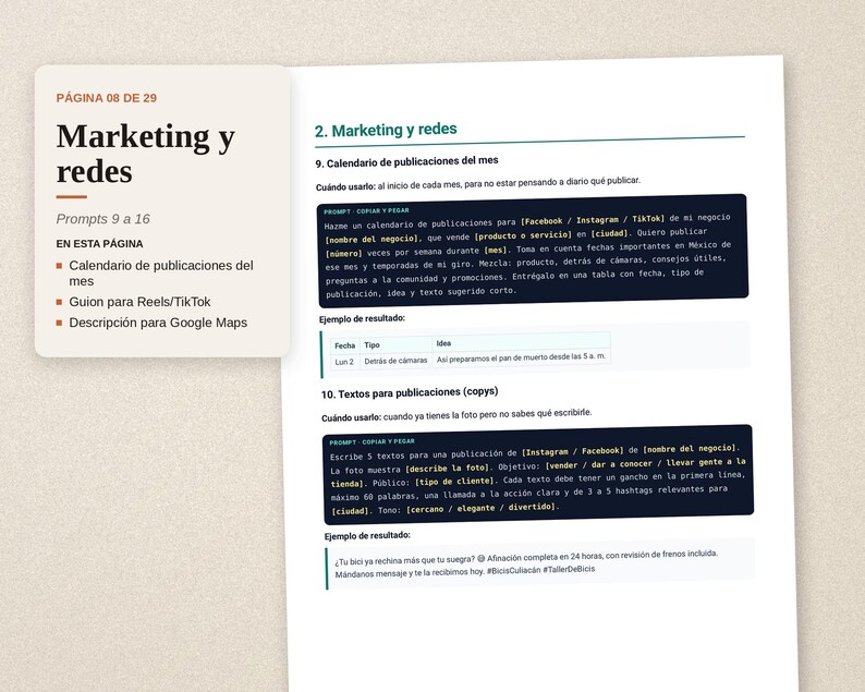May include: A document page titled Marketing y redes, page 08 de 29, featuring sections on social media calendars and post copy. It includes text prompts for Facebook, Instagram, and TikTok, with examples of tables and post captions in Spanish.