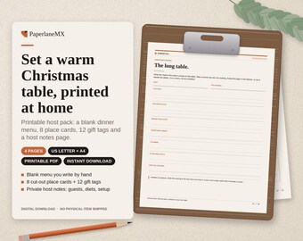 Printbaar kerstdinermenu | Kerstnaamkaartjes, cadeaulabels en gastheer/gastvrouw-kaartjes | Feestelijke tafelsetting | Direct downloaden | Letter- en A4-formaat