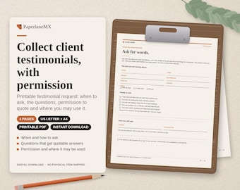 Printbaar formulier voor het aanvragen van een getuigenis | Feedbackformulier voor klanten & toestemming voor het uitbrengen van een citaat | PDF voor freelancers | Direct downloaden | Letter-formaat + A4