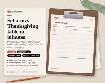 Printbare naamkaartjes en menu voor Thanksgiving | Menu voor het Friendsgiving-diner, cadeaulabels en gastheer/gastvrouw-briefjes | Direct te downloaden | Letter- en A4-formaat