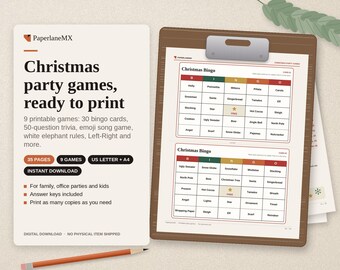 Printbaar pakket met kerstspelletjes | 30 bingokaarten, quiz, emoji-liedjesspel, White Elephant-spelregels | Familiespellen | Direct te downloaden
