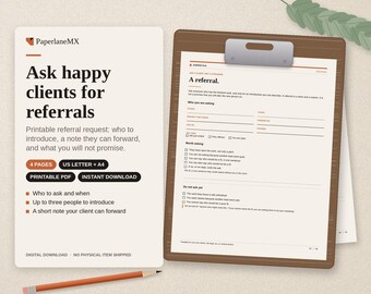 Printbaar aanvraagformulier voor klantverwijzingen | Aanbevelingsformulier & bericht om door te sturen voor freelancers en kleine bedrijven | PDF | Direct downloaden | Letter + A4
