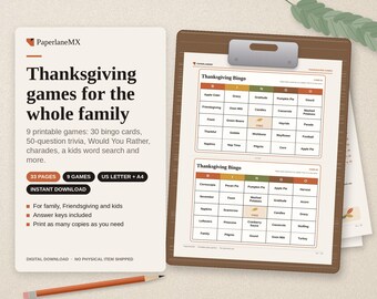 May include: A set of printable Thanksgiving games including 30 bingo cards, trivia, and word searches. The document features the text Thanksgiving games for the whole family, 33 pages, 9 games, and US Letter + A4. A clipboard holds two bingo sheets.