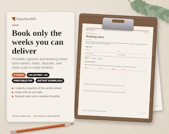 Printbaar boekingsformulier voor klanten | Capaciteitsplanner, reserveringen en aanbetalingstracker voor freelancers | PDF van 4 pagina's | Direct downloaden | Letter- en A4-formaat