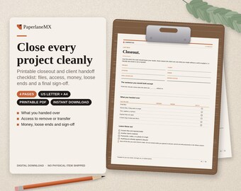 Printbare checklist voor projectafsluiting | Formulier voor het afhandelen en overdragen van opdrachten aan freelancers | PDF van 4 pagina's | Direct te downloaden | Letter- en A4-formaat