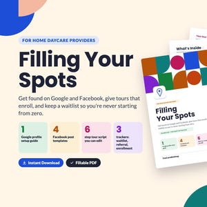 Könnte beinhalten: Ein 17-seitiges digitales Arbeitsbuch mit dem Titel Filling Your Spots für Tagesmütter und Tagesväter. Es enthält eine Anleitung zur Google-Profil-Einrichtung, Facebook-Beitragsvorlagen, ein 6-stufiges Besuchsskript sowie Tracker für Wartelisten.