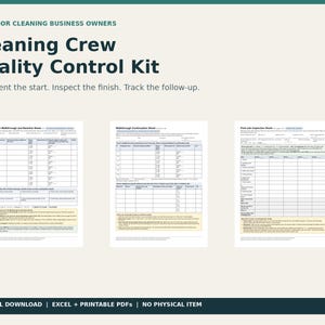 Może przedstawiać: Cyfrowy zestaw kontroli jakości dla ekip sprzątających zawierający trzy formularze do druku: Pre-Job Walkthrough and Baseline Sheet, Walkthrough Continuation Sheet oraz Post-Job Inspection Sheet. Zawiera pliki Excel i PDF.