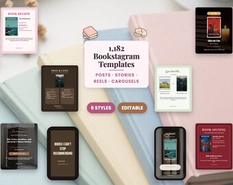 Pack de modèles Bookstagram : 1 182 publications Instagram modifiables, stories, couvertures de Reels, carrousels, modèle de critique de livre, kit marketing pour auteurs