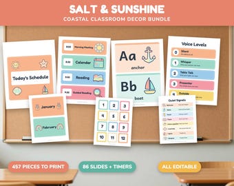 Ensemble de décoration pour salle de classe sur le thème de la plage, thème côtier pastel modifiable, cartes d'horaire, calendrier, affiches de l'alphabet, affiches des chiffres, niveaux sonores