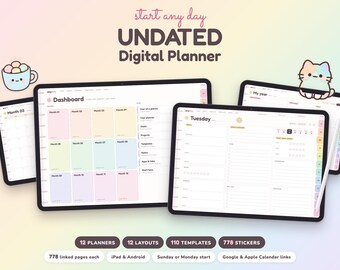 Undated Digital Planner, Hyperlinked iPad and Android Planner, Daily Weekly Monthly Planner, Goal & Wellness Journal, Cute Stickers