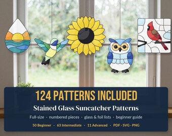 Ensemble de modèles de vitraux, 124 modèles de capteurs de soleil, PDF, SVG et PNG en taille réelle, modèles de vitraux pour débutants avec listes de verres