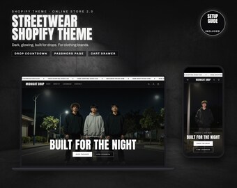 Thème Shopify Streetwear, modèle de boutique de vêtements sombres avec compte à rebours, page de mot de passe, tiroir de panier, site web Shopify 2.0