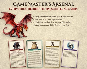 Pack de cartes et d'outils pour le maître de jeu D&D 5e édition 2014 + 2024 : cartes imprimables de monstres, d'objets magiques, de sorts et de capacités de classe, écran du maître de jeu, tableaux d'initiative.