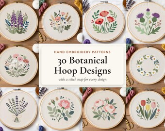 Ensemble de 30 modèles de broderie botanique au format PDF, avec diagramme des points et légende des fils DMC. Motifs floraux à broder sur tambour.