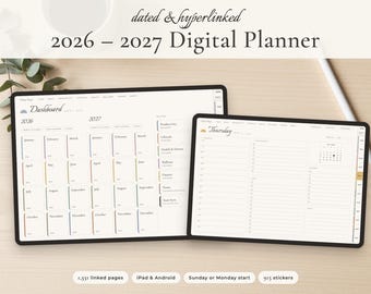 Agenda numérique 2026-2027, agenda GoodNotes daté avec liens hypertextes, compatible iPad et tablettes Android, format journalier, hebdomadaire et mensuel, 915 autocollants