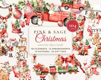 Christmas Watercolor Clipart Bundle, 104 Holiday PNG, Pink Red Christmas Clip Art, Nutcracker, Polar Bear, Seamless Patterns, Commercial Use