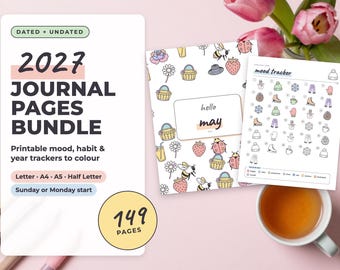 2027 Journal Pages Bundle, 149 Printable Bullet Journal Pages, Doodle Mood Tracker, Habit Tracker, Dated + Undated, A4 A5 Letter
