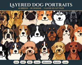 Layered Dog SVG Bundle, 40 Breeds 3D Multilayer Mandala Cut Files, Laser Glowforge Silhouette, Cutting Machine SVG, Dog Portrait Shadow Box