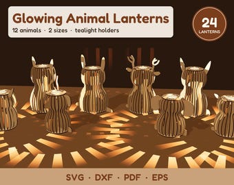 Lot de lanternes animaux découpées au laser (SVG, 24 porte-bougies chauffe-plat, fichiers DXF Glowforge, veilleuse chat, chien, lapin, ours, renard, hibou)