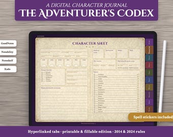 Journal numérique de Donjons et Dragons 5e édition, fiche de personnage GoodNotes avec liens hypertextes, PDF imprimable et remplissable, cartes de sorts et autocollants Donjons et Dragons 2014 et 2024