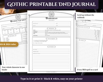 Journal de Donjons et Dragons imprimable pour la 5e édition, fiche de personnage à remplir (PDF), 12 encarts de classe (règles 2014 et 2024), cartes de sorts, journal de campagne