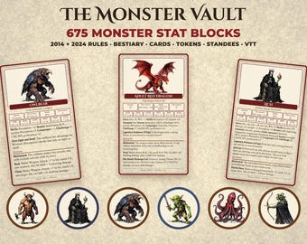 Coffre aux monstres : Cartes de monstres, bestiaire, jetons et figurines pour D&D 5e 2014 + 2024 | Fiches de statistiques imprimables, jetons pour VTT