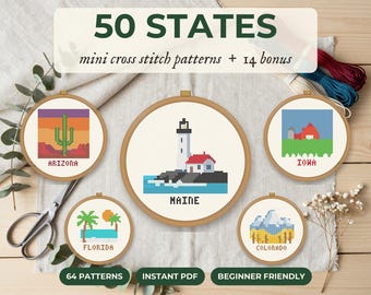 Ensemble de 50 modèles de point de croix des États américains, mini-modèles PDF de point de croix des États américains, échantillon de voyage, point de croix pour débutants, légendes des fils DMC