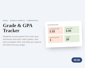 Foglio di calcolo per il monitoraggio dei voti e della media ponderata degli studenti, pianificazione universitaria (download digitale)