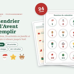Puede incluir: Un calendario de Adviento imprimible con 24 pegatinas circulares numeradas con iconos navide&ntilde;os como un Santa, un reno y un &aacute;rbol. El documento incluye tarjetas de actividades y etiquetas de cuenta atr&aacute;s en texto rojo y verde sobre fondo blanco.